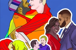 [ai] An illustration showing diverse couples, including LGBTQ+ representations, embracing and smiling. The background is vibrant blue, and the couples are adorned in colorful clothing and accessories, symbolizing love and inclusivity.